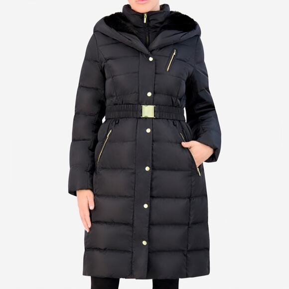 Cole Haan Signature Belted Black Puffer Down Feather Warm Winter Coat  Size M - Picture 1 of 12